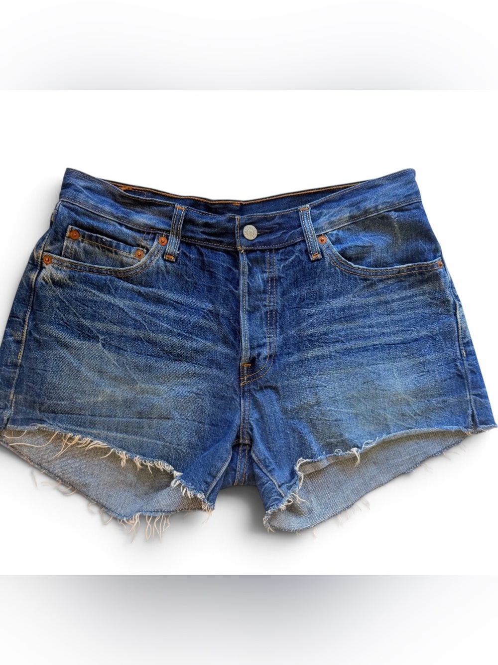 Levi's Raw Hem Distressed Cut Off Denim Shorts Festival Western Boho Blue Sz 29